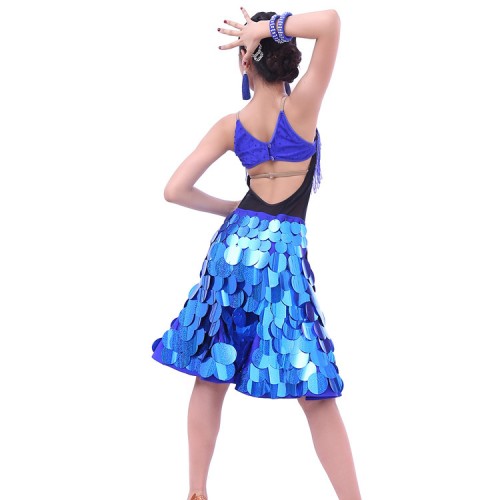 Custom size Competition Latin dance performance dresses for girls royal blue paillette modern dance standard dresses